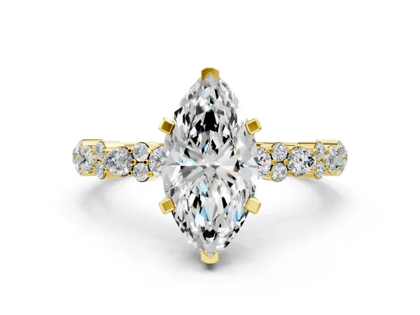 Marquise Cut Diamond Side Stone Solitaire Ring with Round Moissanite and Four-Prong Setting Yellow gold