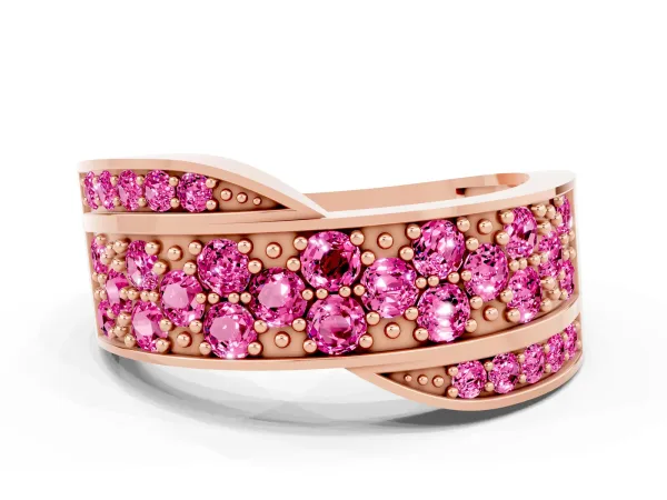 Pavé Round Pink Sapphire Crossover Band with Bead Prong Setting Rose gold