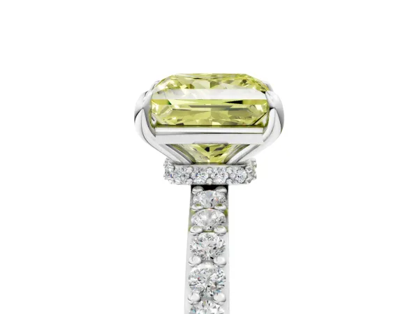 Fancy Yellow Princess Cut Diamond Solitaire Engagement Ring with Pavé Band and Four-Prong Setting Silver