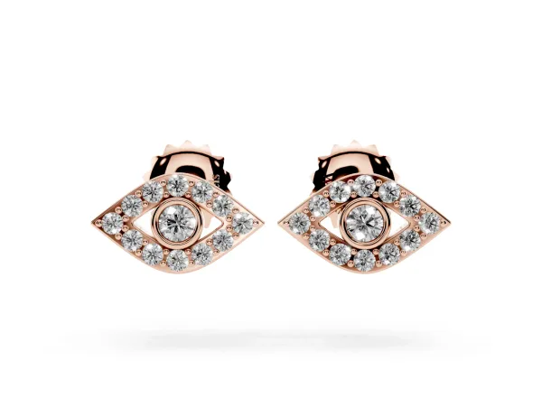 Round Diamond Bezel Center Evil Eye Stud Earrings Rose gold