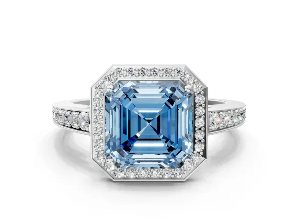 Fancy Blue Asscher Cut Halo Pavé Diamond Engagement Ring with Bezel Setting Silver