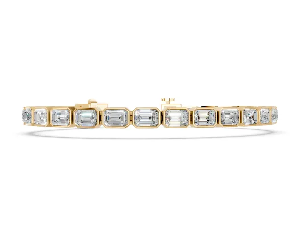 East-West Emerald Cut Diamond Tennis Bracelet with Bezel Setting Yellow gold