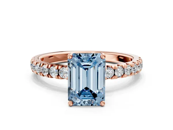 Fancy Blue Emerald Cut Diamond Pave Band Solitaire Ring with Round and Prong Setting Rose gold