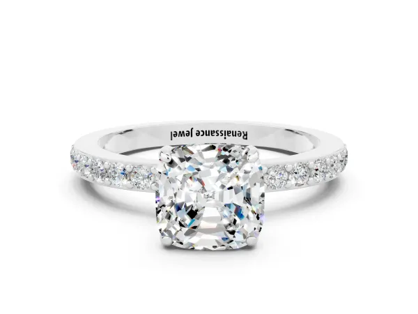 Cushion Cut Moissanite Solitaire Engagement Ring with Pavé Band and Four-Prong Setting Platinum