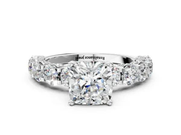 Cushion Cut Diamond Side Stone Engagement Ring with Four-Prong Setting White gold