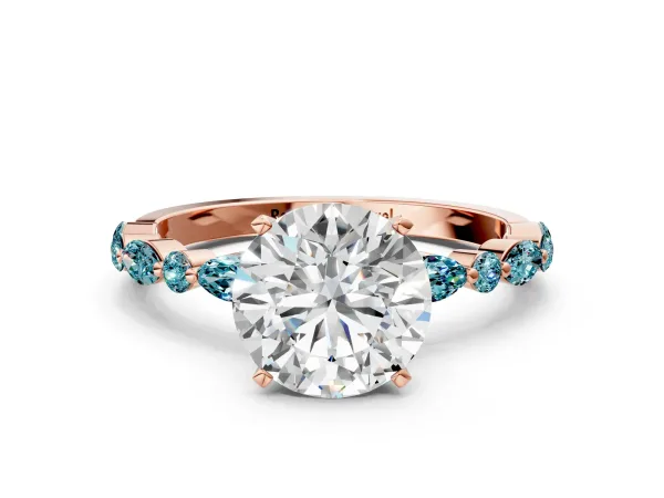 Round Cut Diamond Ring with Marquise and Round Blue Topaz Side Stones and Four-Prong Setting Rose gold