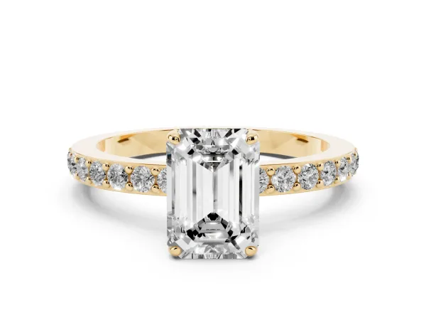Emerald Cut Diamond Solitaire Engagement Ring with Pavé Band and Four-Prong Setting Yellow gold