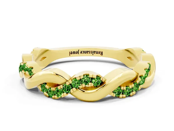 Pavé Round Peridot Twist Eternity Band with Shared Prong Setting Yellow gold