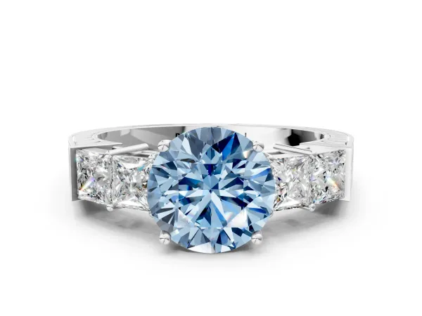Fancy Blue Round Cut Solitaire Princess Side Stone Engraved Band Prong Setting Ring Platinum