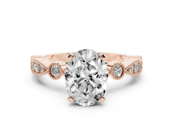 Oval Cut Milgrain Bezel Diamond Engagement Ring with Solitaire Prong Setting Rose gold