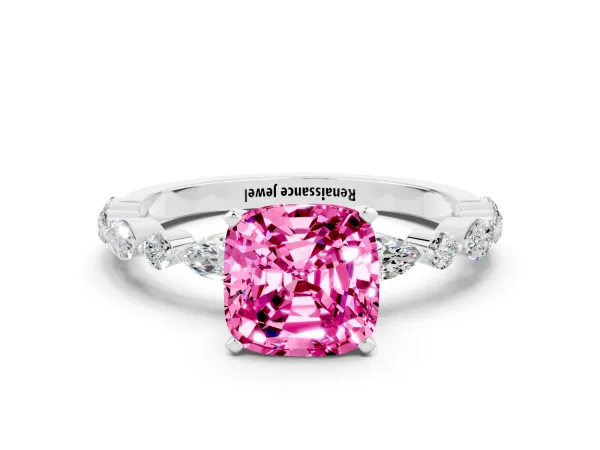 Cushion Cut Pink Sapphire Ring with Marquise and Round Side Stones and Four-Prong Setting White gold