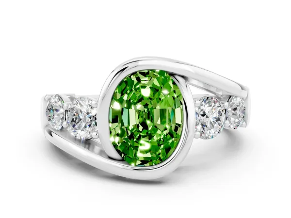Bezel Set Oval Cut Peridot Bypass Ring with Round Accents Platinum