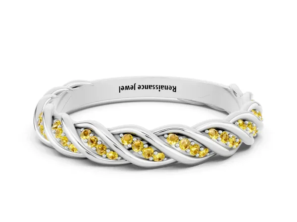 Twisted Pavé Round Yellow Sapphire Eternity Band with Shared Prong Setting Platinum
