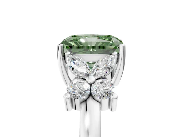 Fancy Green Radiant Cut Diamond Floral Cluster Ring with Solitaire Band and Prong Setting Platinum