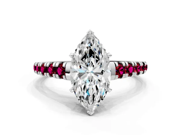 Marquise Cut Diamond Cathedral Solitaire Ring with Round Garnet Pavé Band White gold