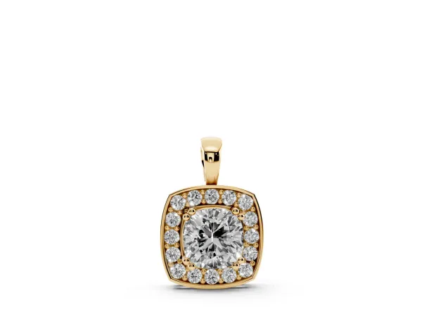Cushion Halo Pendant with Round Diamond and Four-Prong Setting Yellow gold