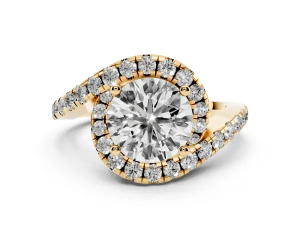 Round Cut Diamond Halo Ring with Twisted Pavé Band and Four-Prong Setting Yellow gold