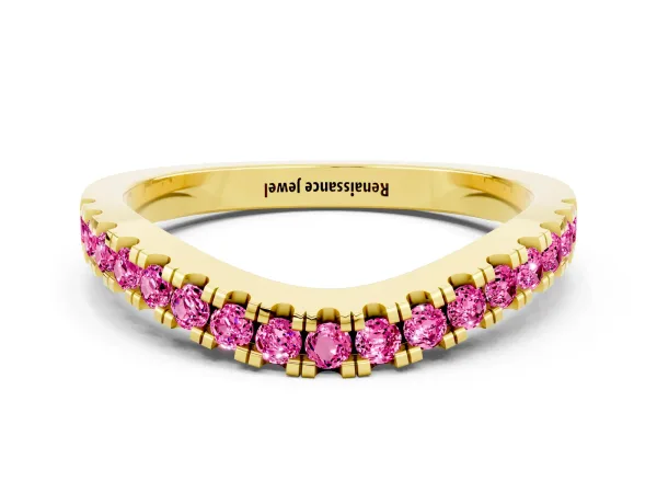 Round Pink Sapphire Pavé Curved Band with Shared Prong Setting Yellow gold