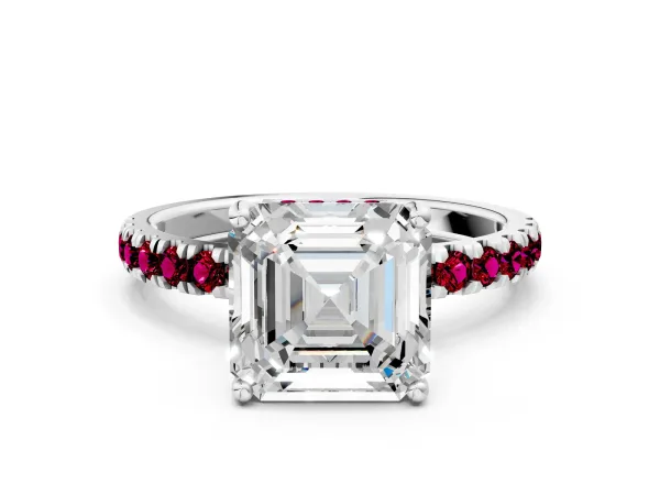 Asscher Cut Diamond Pave Band Solitaire Ring with Round Garnet and Prong Setting Platinum
