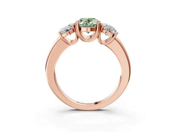 Fancy Green Three-Stone Oval Cut Cut Diamond Ring with Channel Set Band and Four-Prong Setting Rose gold