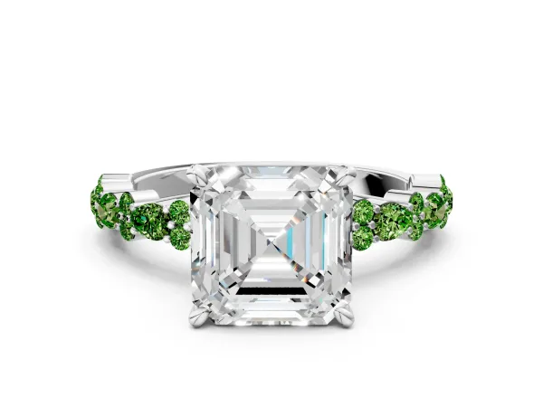 Asscher Cut Diamond Side Stone Solitaire Ring with Round Peridot and Four-Prong Setting Platinum