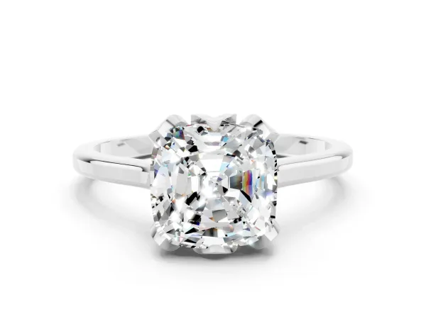 Cushion Cut Moissanite Solitaire Ring with Flower Prong Setting and Classic Band White gold