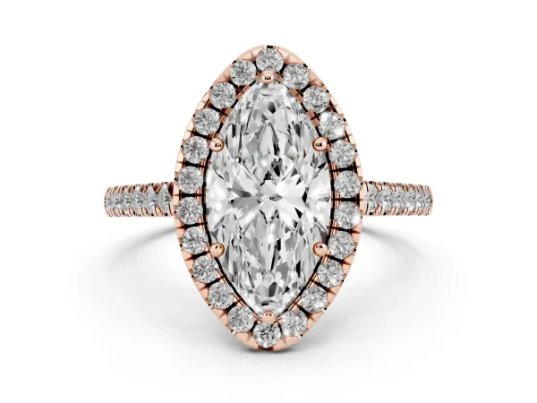 Marquise Cut Halo Pavé Diamond Engagement Ring with Four-Prong Setting Rose gold