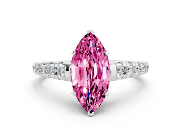 Marquise Cut Pink Sapphire Cathedral Solitaire Ring with Round Pavé Band White gold