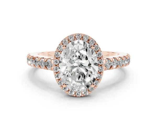 Oval Cut Cut Halo Diamond Engagement Ring with Pave Band and Four-Prong Setting Rose gold