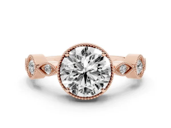 Round Cut Diamond Vintage Milgrain Ring with Round Stations Rose gold