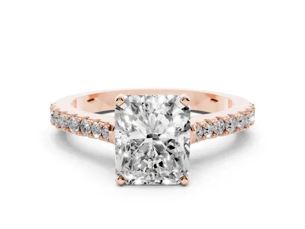 Radiant Cut Cut Solitaire Diamond Engagement Ring with Pave Band and Four-Prong Setting Rose gold