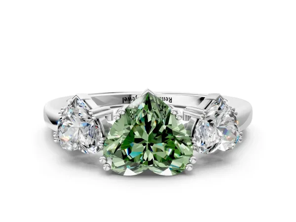 Fancy Green Three-Stone Heart Cut Cut Diamond Ring with Channel Set Band and Four-Prong Setting White gold