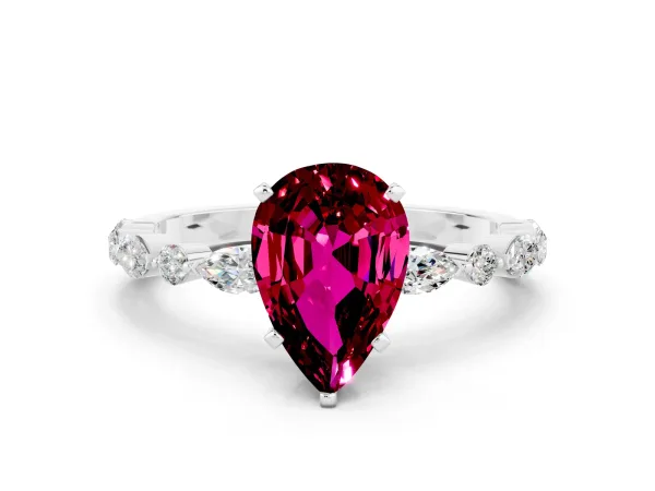 Pear Cut Garnet Ring with Marquise and Round Side Stones and Four-Prong Setting White gold