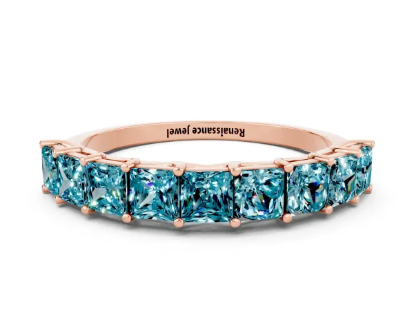 Princess Cut Blue Topaz Channel-Set Eternity Band with Prong Setting Rose gold