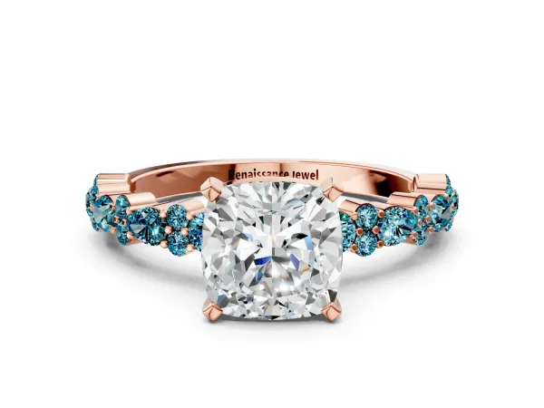Cushion Cut Diamond Side Stone Solitaire Ring with Round Blue Topaz and Four-Prong Setting Rose gold