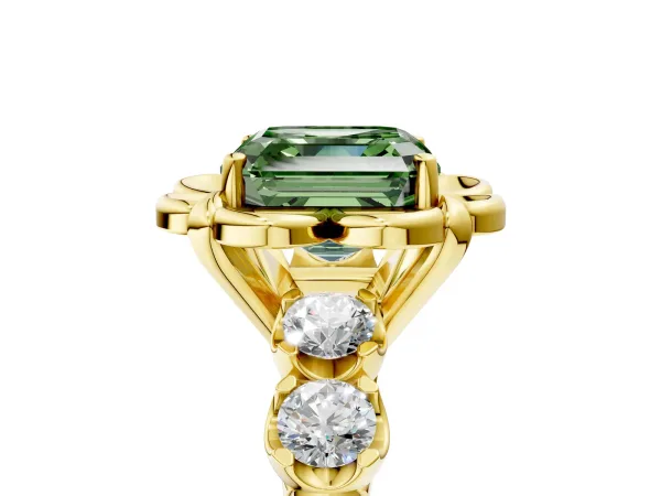 Fancy Green Asscher Cut Cut Diamond Floral Halo Engagement Ring with Shared Prong Setting Yellow gold