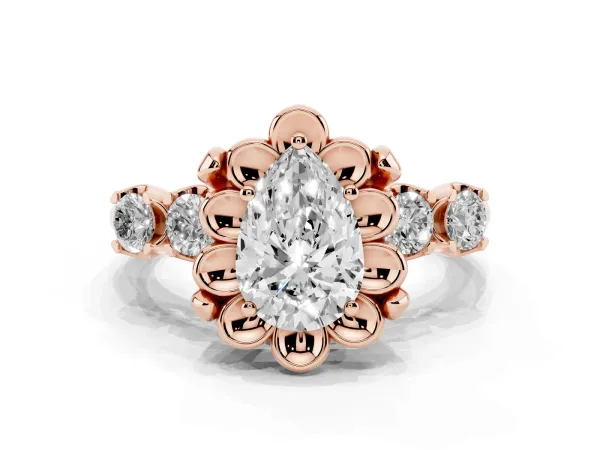 Pear Cut Cut Diamond Floral Halo Engagement Ring with Shared Prong Setting Rose gold