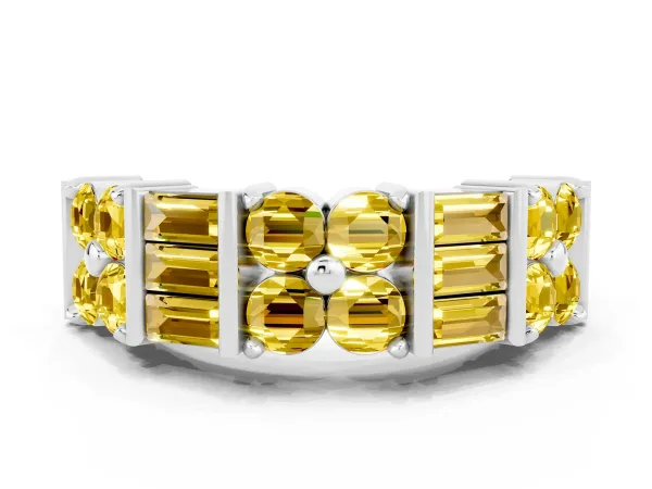 Channel Set Round and Baguette Yellow Sapphire Anniversary Band with Prong Setting Platinum