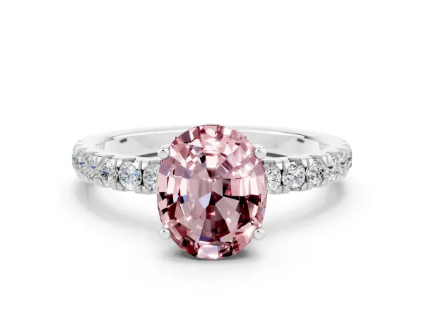 Oval Cut Morganite Pave Band Solitaire Ring with Round and Prong Setting White gold