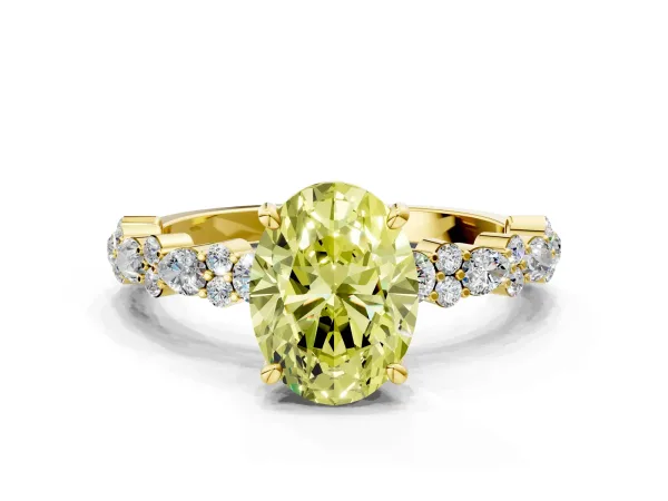 Fancy Yellow Oval Cut Diamond Side Stone Solitaire Ring with Round and Four-Prong Setting Yellow gold