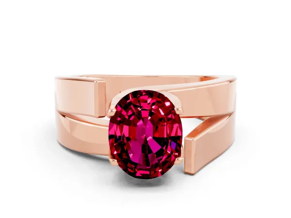 Modern Tension Set Oval Cut Garnet Solitaire Wide Band Ring Rose gold