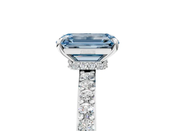 Fancy Blue Emerald Cut Diamond Solitaire Engagement Ring with Pavé Band and Four-Prong Setting Platinum