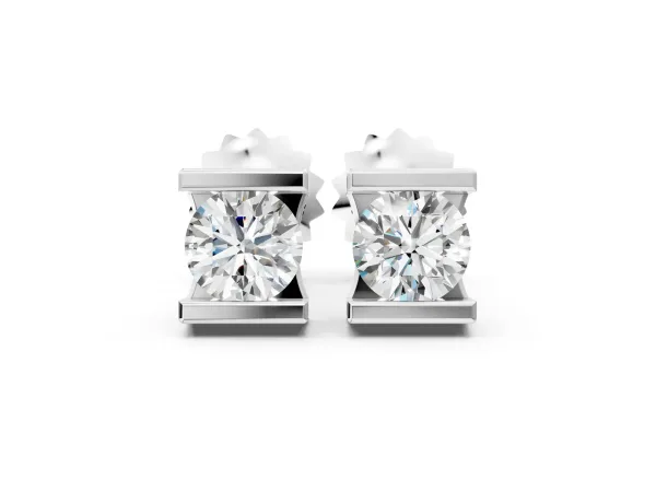 Bar Set Round Diamond Stud Earrings in White Gold Silver