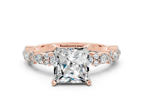 Princess Cut Moissanite Side Stone Solitaire Ring with Round and Four-Prong Setting Rose gold