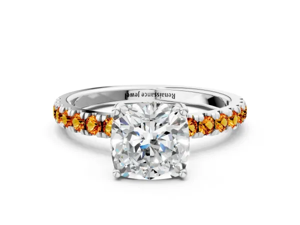 Cushion Cut Diamond Pave Band Solitaire Ring with Round Citrine and Prong Setting Platinum