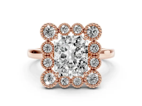 Radiant Cut Halo Diamond Cluster Engagement Ring with Milgrain Bezel Setting and Solitaire Band Rose gold