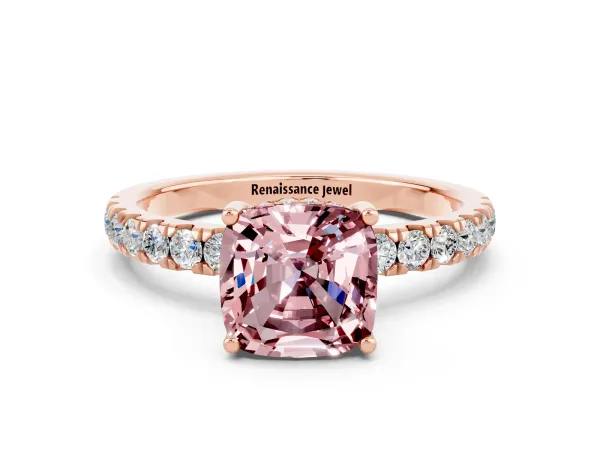 Cushion Cut Morganite Pave Band Solitaire Ring with Round and Prong Setting Rose gold