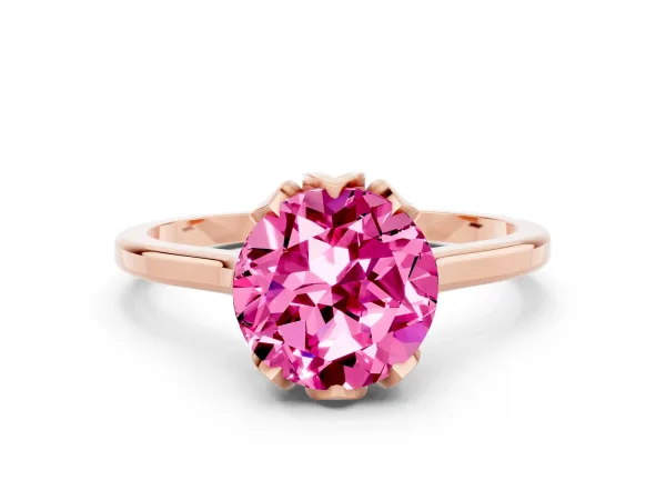 Round Cut Pink Sapphire Solitaire Ring with Flower Prong Setting and Classic Band Rose gold
