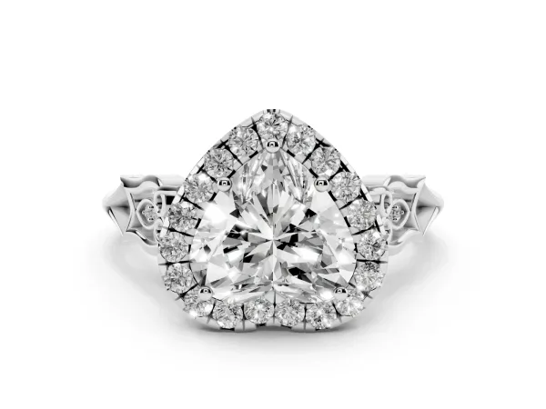 Heart Cut Halo Diamond Engagement Ring with Filigree Band and Four-Prong Setting Platinum