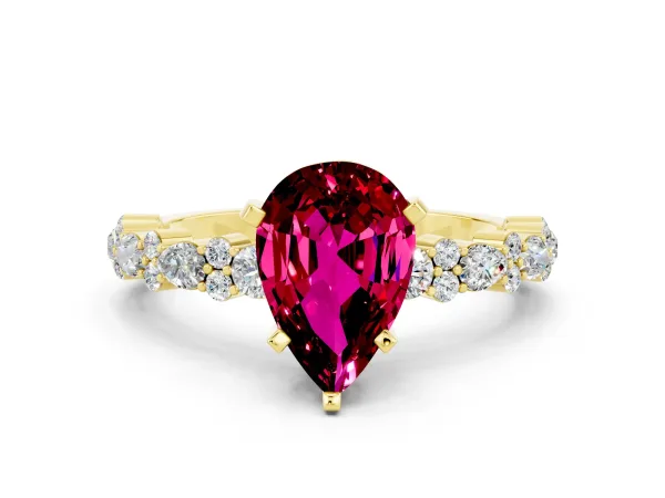 Pear Cut Garnet Side Stone Solitaire Ring with Round and Four-Prong Setting Yellow gold